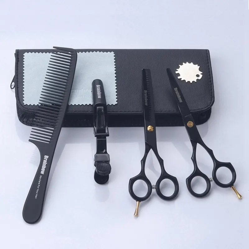 Brainbow 5,5 'Профессиональные черные японские ножницы для волос режущие филировочные парикмахерские Парикмахерские Ножницы Парикмахерская Стрижка Инструменты для укладки - Цвет: Scissors Set PU Case