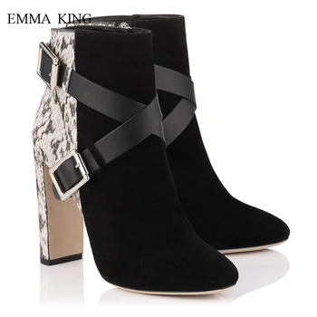 

Sexy Mixed Colors Snake Suede Splices Chunky Heels Cross Metal Buckle Strap Women Ankle Boots Fashion Spring Autumn Female Shoes