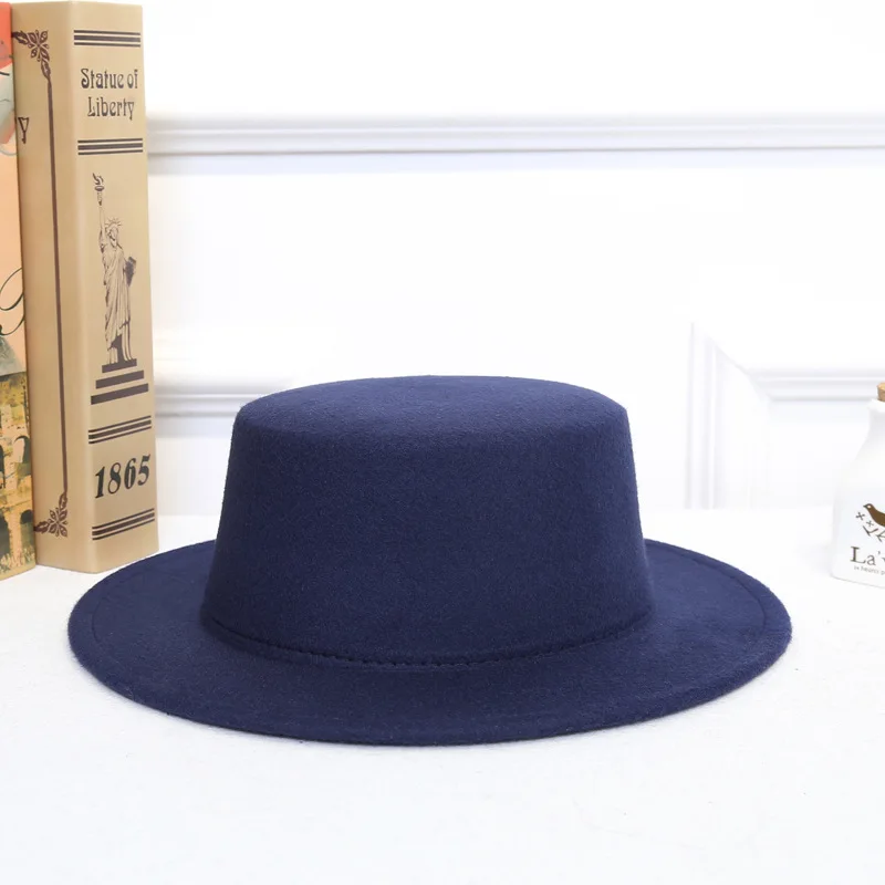 Шерстяная фетровая шляпа-канотье, модная зимняя шапка Трилби в стиле ретро, однотонная женская Праздничная шляпа с плоским козырьком для женщин и мужчин