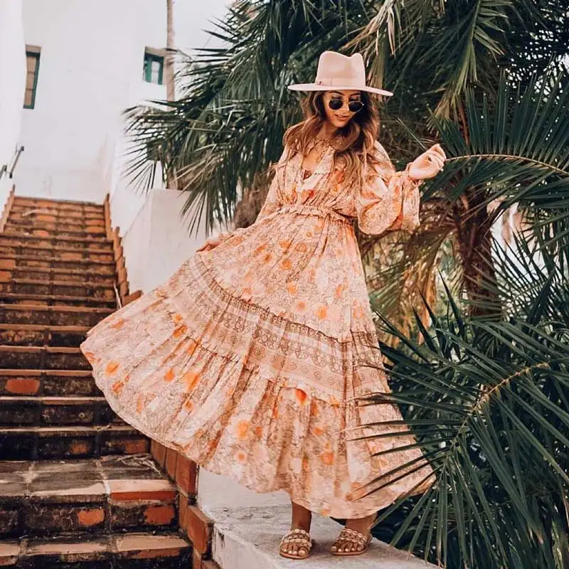 

Boho frill long sleeve women dress floral print V-neck spring summer dresses 2019 gypsy chic women holiday party wear maxi dress