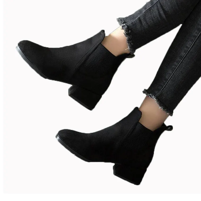 

2019 Boots Women Fashion Black Ankle Chelsea Boots Woman Thick High Heels Slip On Ladies Shoes Female Fashion Booties Spring
