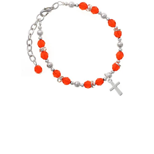Silvertone Simple Plain Small Cross Orange Beaded Bracelet