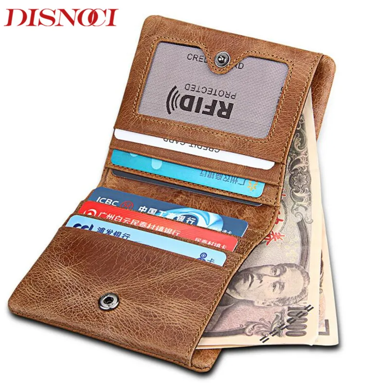 

DISNOCI New Genuine Leather Men Wallets Small Short Card Holder Anti-RFID Cowhide Coin Purse For Men Mini Male Purses