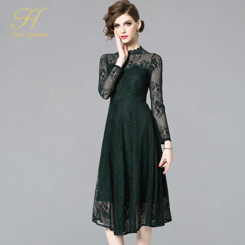 

H Han Queen 2019 Summer Dresses Women's Fashion Slim Sexy Floral Crochet Hollow Out Vestidos Casual Office Party Lace Dress