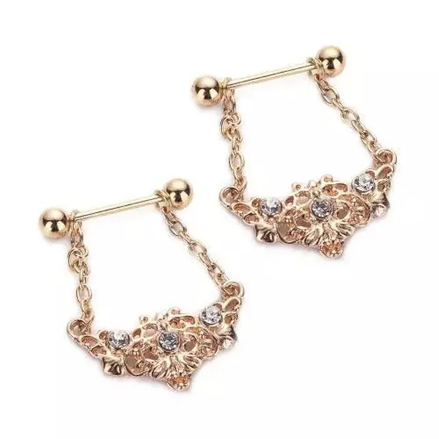 1 piece stainless steel gold flowers crystal nipple piercing rings