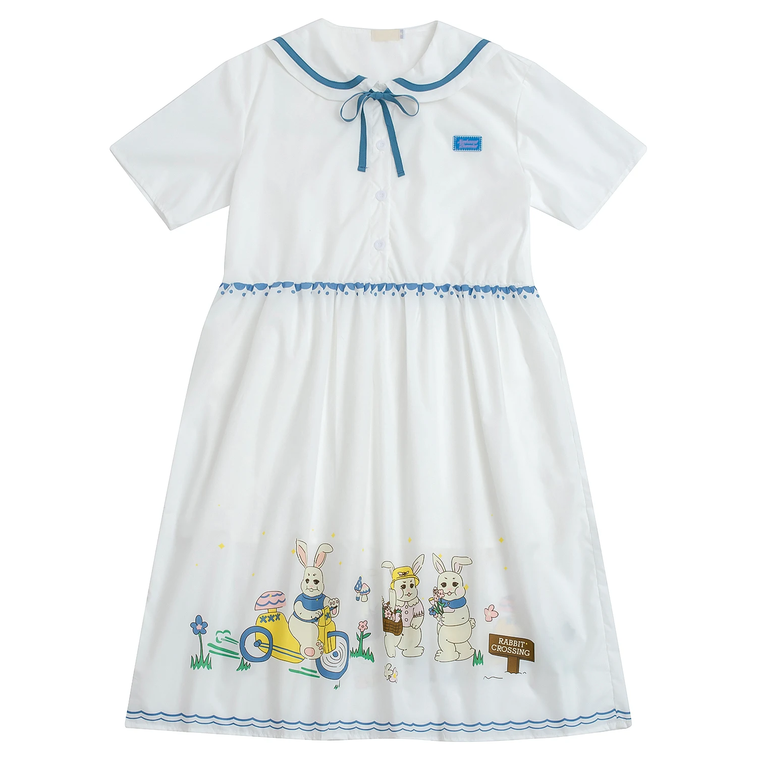 

Summer Sweet Fashion Women White Dress Preppy Short Sleeve Sailor Collar Cotton Cartoon Bunny Print Knee-length Teen's Dresses