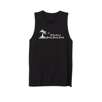 

Womens Beach Palm All She Does is Beach Workout Fitness Casual Tank Vest Sleveless Tops Shirts