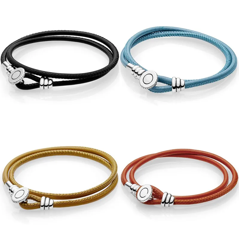 

925 Sterling Silver Bracelet Multicolor Double Leather With Logo Button Clasp Bracelet Bangle Fit Bead Charm Diy Pandora Jewelry