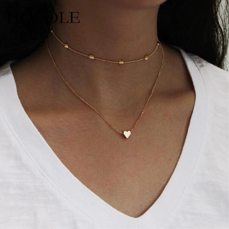 

Simple Style Double Layer Heart Choker Necklace For Women Gold Silver Color Chain Statement Necklace Minimalist Jewelry Collares