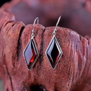 

925 Earrings Sterling Silver Natural Garnet Stone Rhombus Drop Earrings For Women Boucles D'Oreilles Argent 925