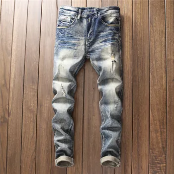 

Men Jeans Stretch Skinny Retro Distrsessed Washed Casual Solid Summer Autumn Men Denim Jeans Hole Straight Men Denim Pants