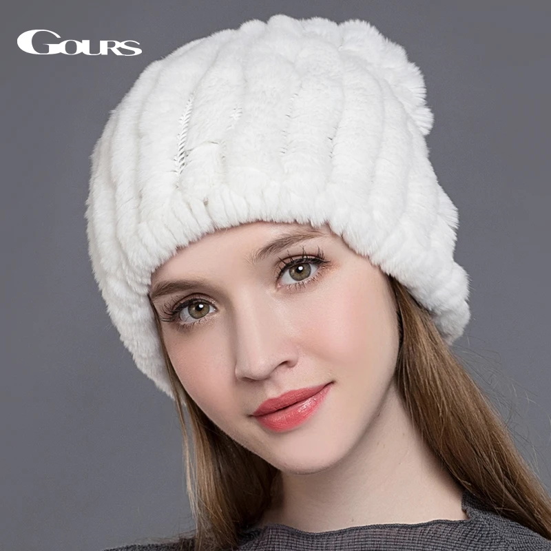  Gours Natural Rex Rabbit Fur Hats for Women Winter Warm Fashion Brand Beanies Ladies High Quality C