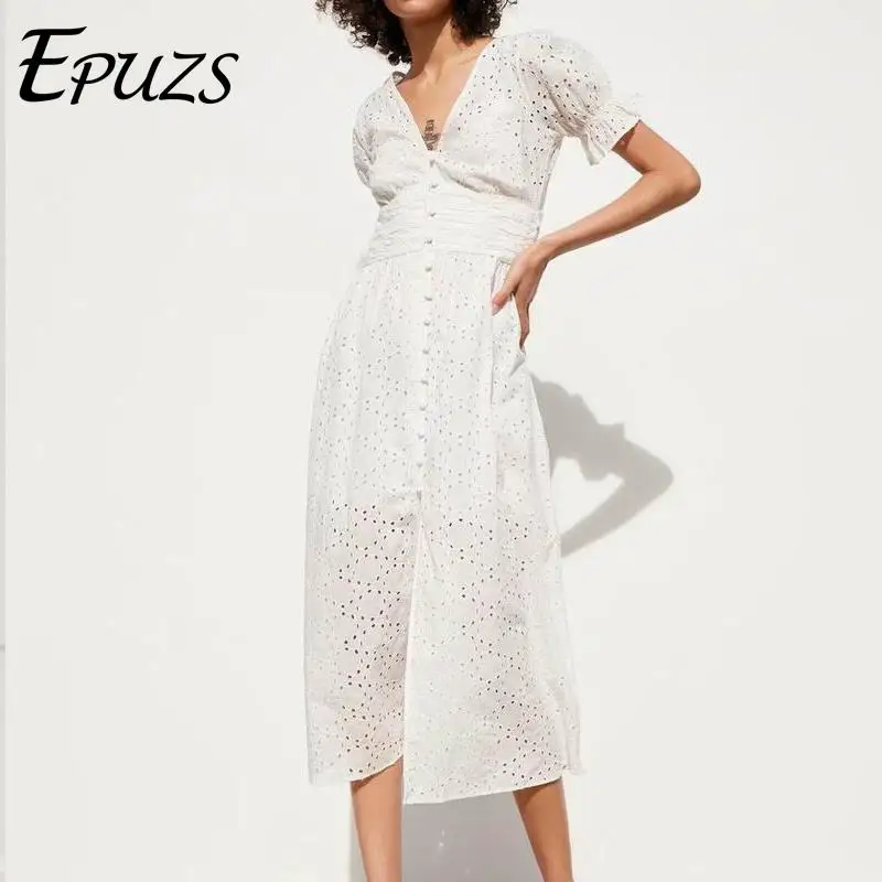 

Vintage Cotton Embroidery white dress women Summer dress 2019 elegant button long Dress casual party Vestidos