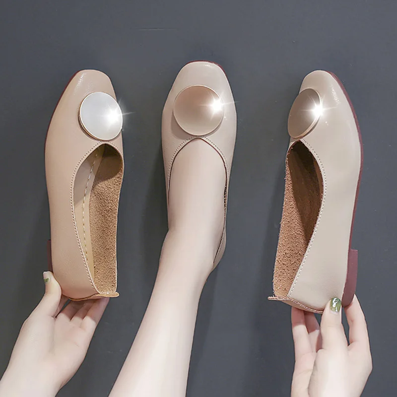 

Square Toe Women Flats Round Metal Slip on Flat Shoes Woman Ballet Flats Pu Leather Loafers Casual Shoes Ladies Spring 7357