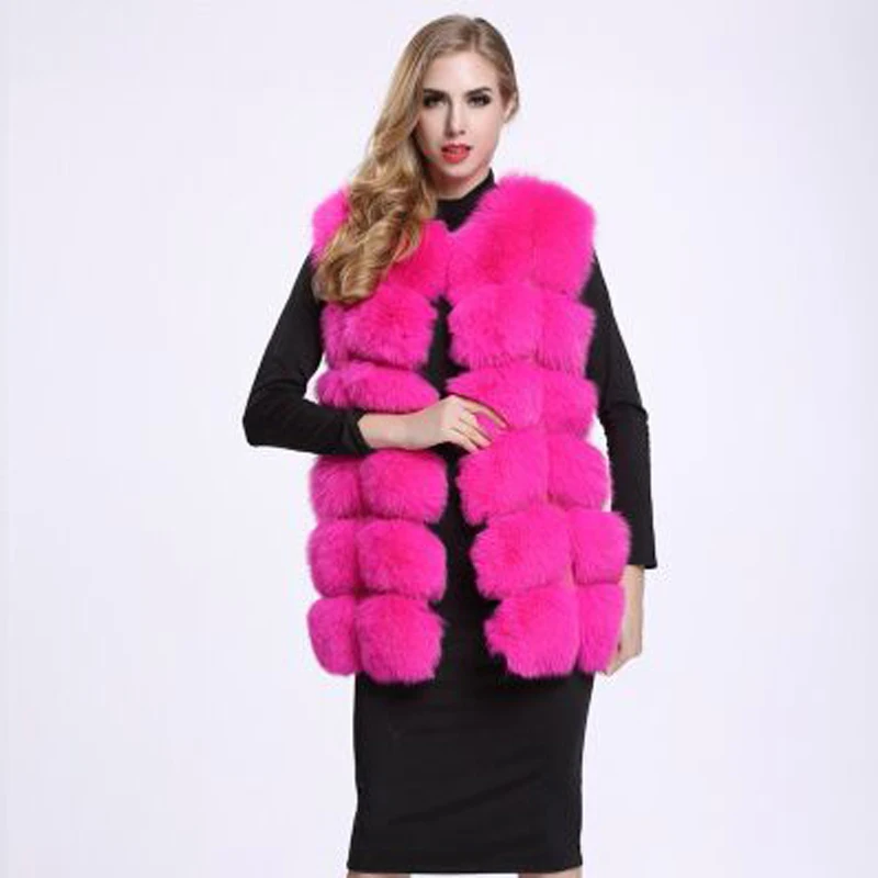 Autumn Winter Warm Fashion Women Import Coat Fur Vests High-Grade Faux Fur Coat Fox Fur Long Vest Women's Jacket - Цвет: Фуксия