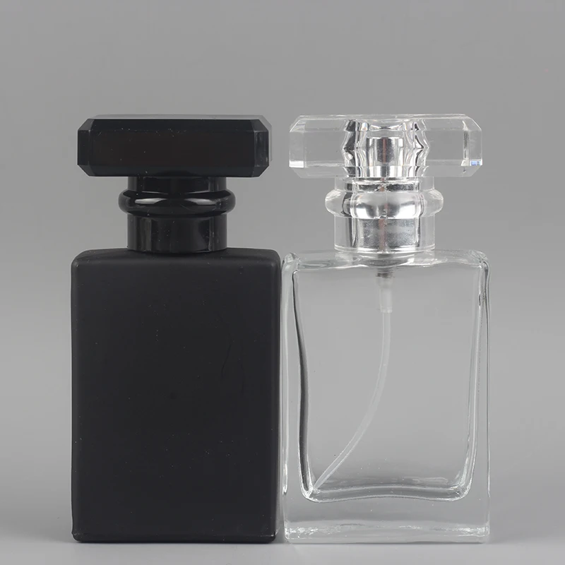 

30ML Square Flat Glass Perfume Spray Dispensing Cosmetics Portable Black and Clear Empty Bottle 50PCS/LOT