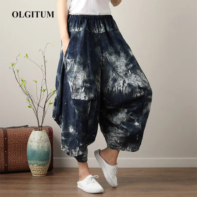 

Summer Harem Pants Casual Loose Beach Women Pants Seven-point wide-leg pants Boho Cotton linen Comfy Pants Mandala One Size 2019