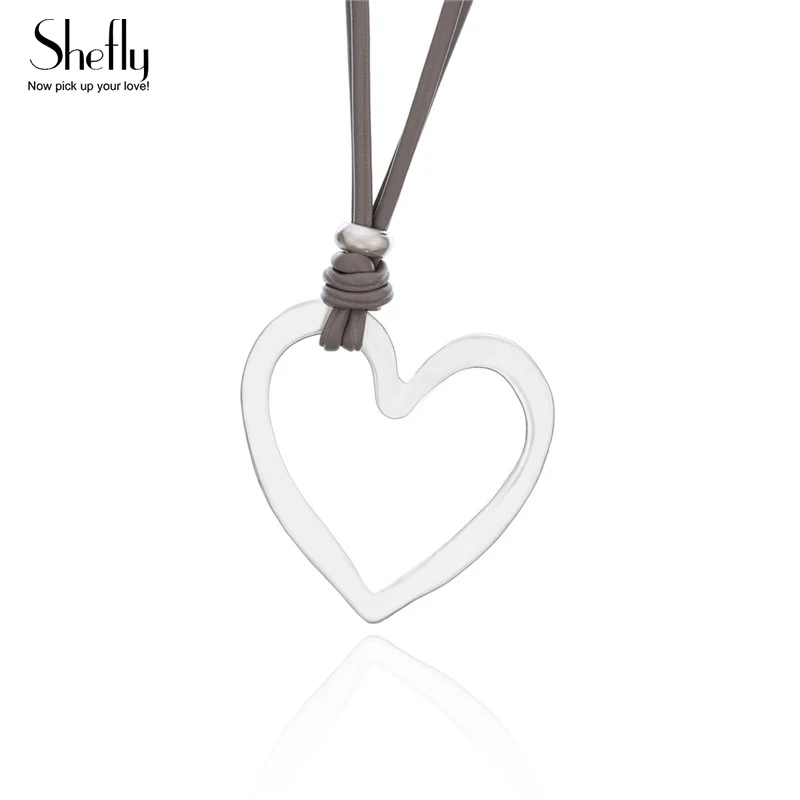 

Fashion LOVER Design Heart Pendant Necklace Handmade Pink Gray PU Leather Long Chain Necklaces Statemen Jewelry For Women Gift