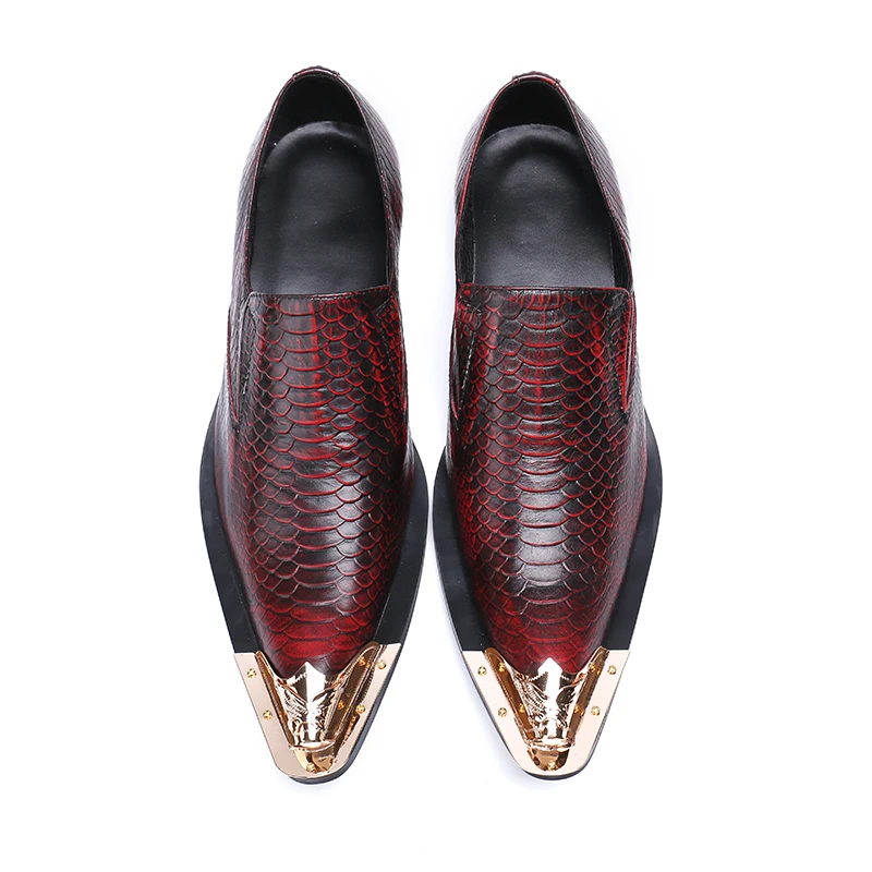 

Mens Snakeskin Pattern red gold toe Man Wedding Flats Oxfords shoes Men's Fashion Genuine Leather slip-on Dress shoes
