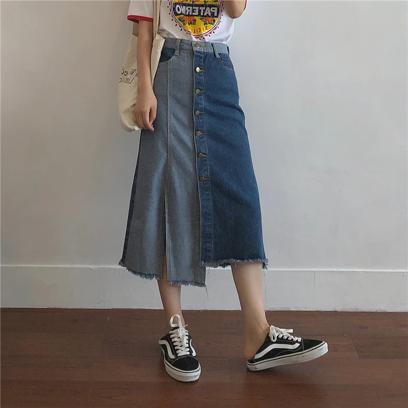 

2019 Autumn Chic Asymmetrical Jeans Skirts Women High Street Patchwork Wrap Skirts Over Knee Side Split Street Demin Skirt