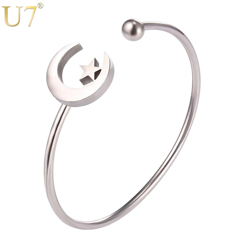

U7 Bracelets Gold Color Star In Moon Stainless Steel Cuff Bangle For Women Gift Islamic Muslim Crescent Jewelry Bracelet H1005