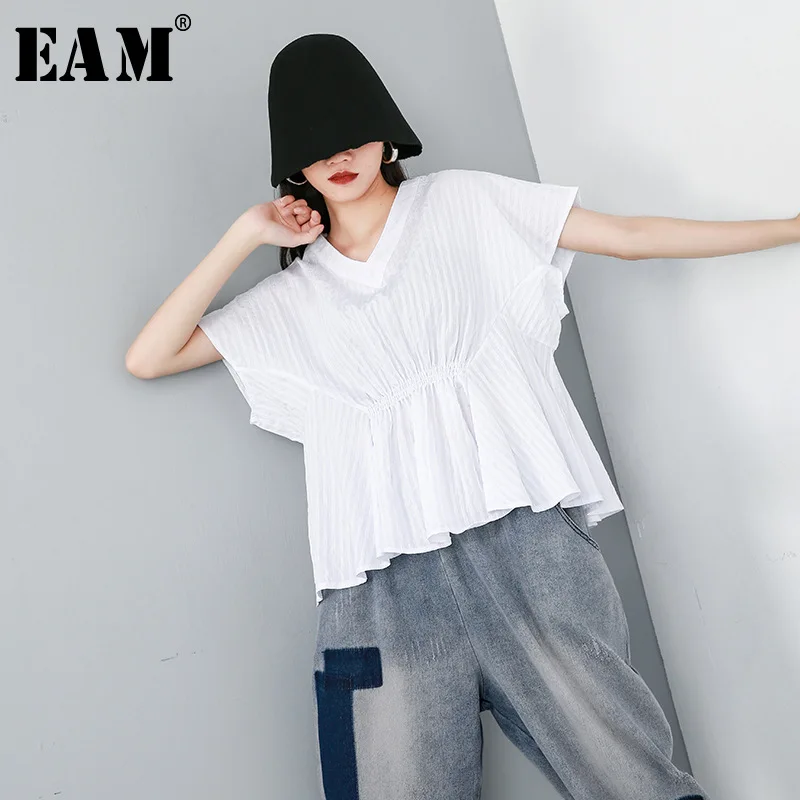 

[EAM] 2019 New Spring Summer V-Neck Short Sleeve Black Stripe Split Joint Fold Stitch Big Size T-shirt Women Fashion JW084