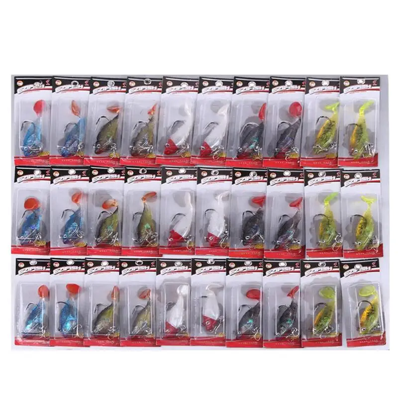 

30pcs/lot 6cm/10g Soft Fishing Lures with Jig Head 3D Eyes T-Tail Soft Fishing Lures Artificial Baits w/ Jig Head Hooks Tool NEW