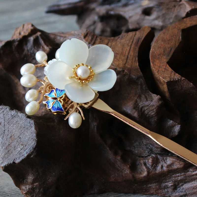 

Handmade Brass Classical Flower & Butterfly Hair Clasp Decor Chinese Traditional Style Hair Sticks Pins Picks Hairpin Hanfu