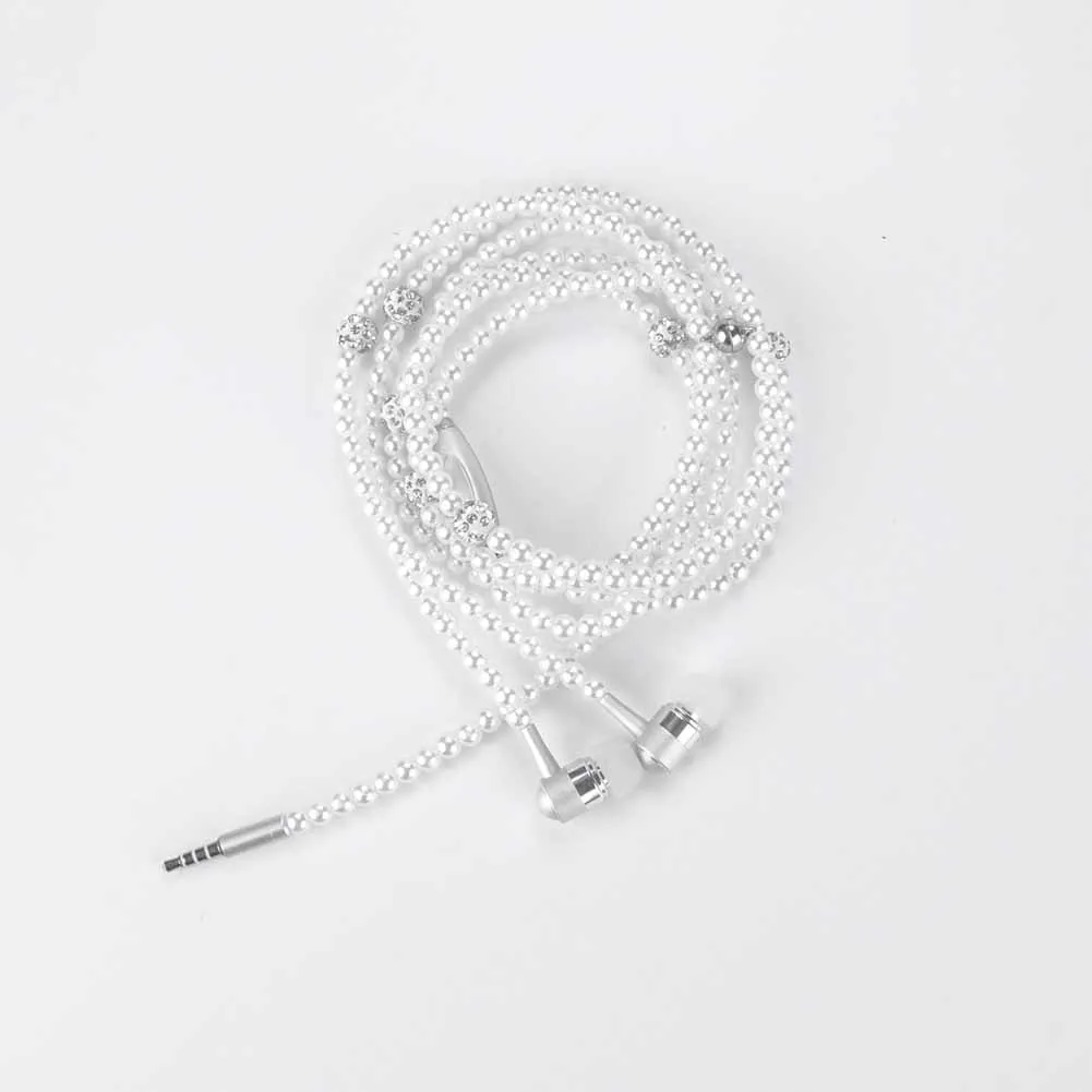 HOT NEW Fashion Earphones Rhinestone Luxurious Pearl Necklace Earphone for Women Gift Stereo Earbud Auriculares Hot - Цвет: WHITE