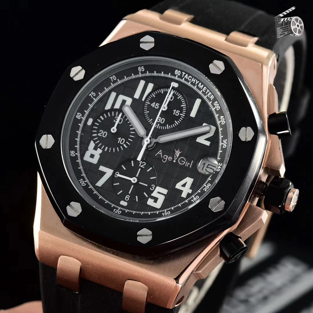 

Luxury Brand New Men Chronograph Rose Gold Black Red Limited Silver Rubber Stainless Steel Watch Luminous Sport Stopwatch AAA+