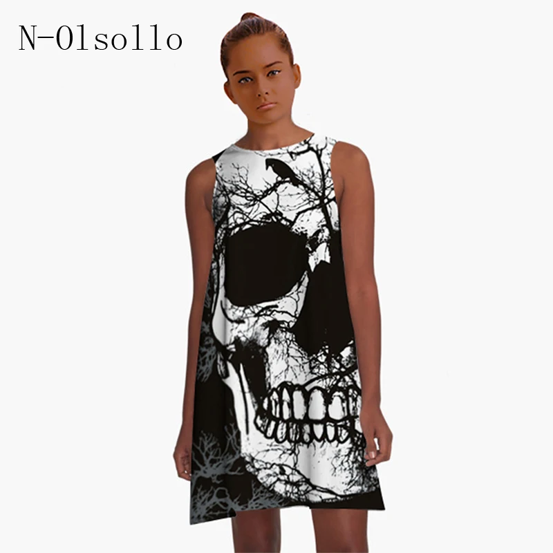 

Polyester/Spandex Black Dress 3D Skull Printed 2017 Summer Women Dress Party Vintage Knitted Dress Loose O-neck Casual Dress