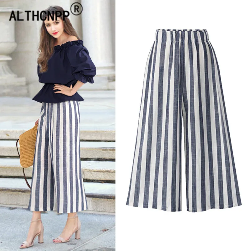 

6XL Plus Size Trousers Women Cotton and Linen Wide Leg Pants Female Summer 2018 New High Waist Korean Loose Striped Pants Women