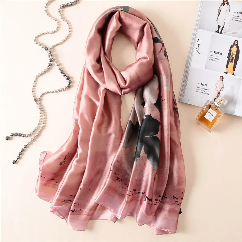 Модный дизайнерский роскошный женский шарф из чистого шелка брендовый чернильный рисунок цветочный набивной платок натуральный Бандана Хиджаб снуд