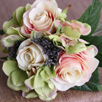

9pcs/12 heads lot rtificial flowers rose hydrangea for wedding party decoration silk flower DIY bride holding flowers