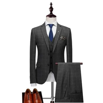 

Men's suit men's business slim suit wedding banquet formal suit dress men's check suit three-piece jacket, pants, and vest