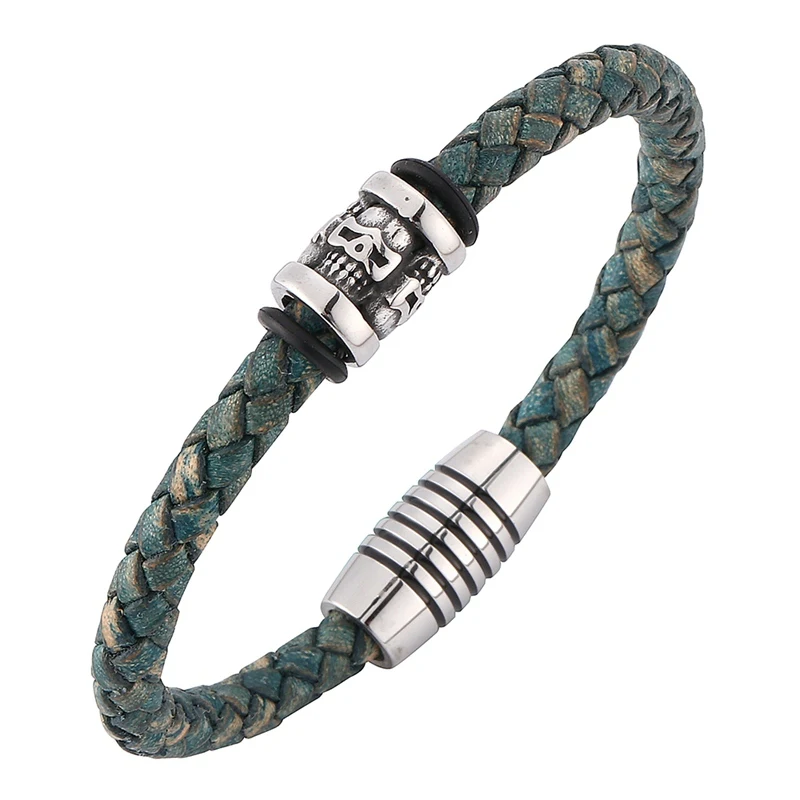 

Trendy Men Skull Bracelets Green Braided Leather Bracelets Fashion Stainless Steel Magnetic Clasp Bangles Man Jewelry Gift BB195