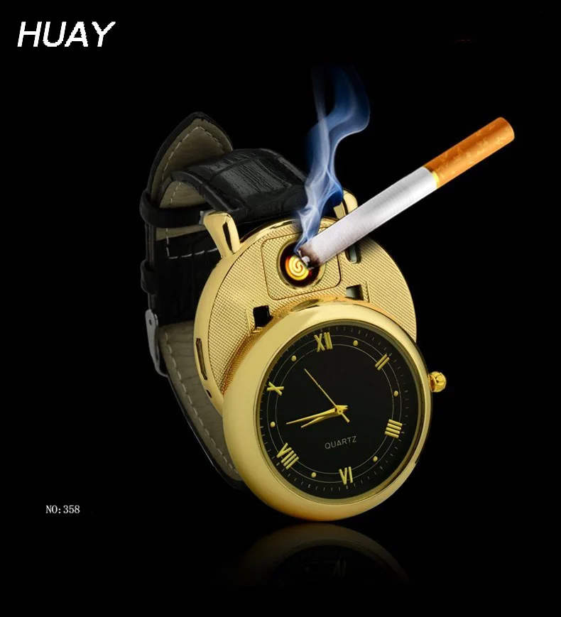 

2018 New Lighter Watch for men fashion USB Charge Quartz watches can replace heating wire Flameless Cigarette Lighter JH358