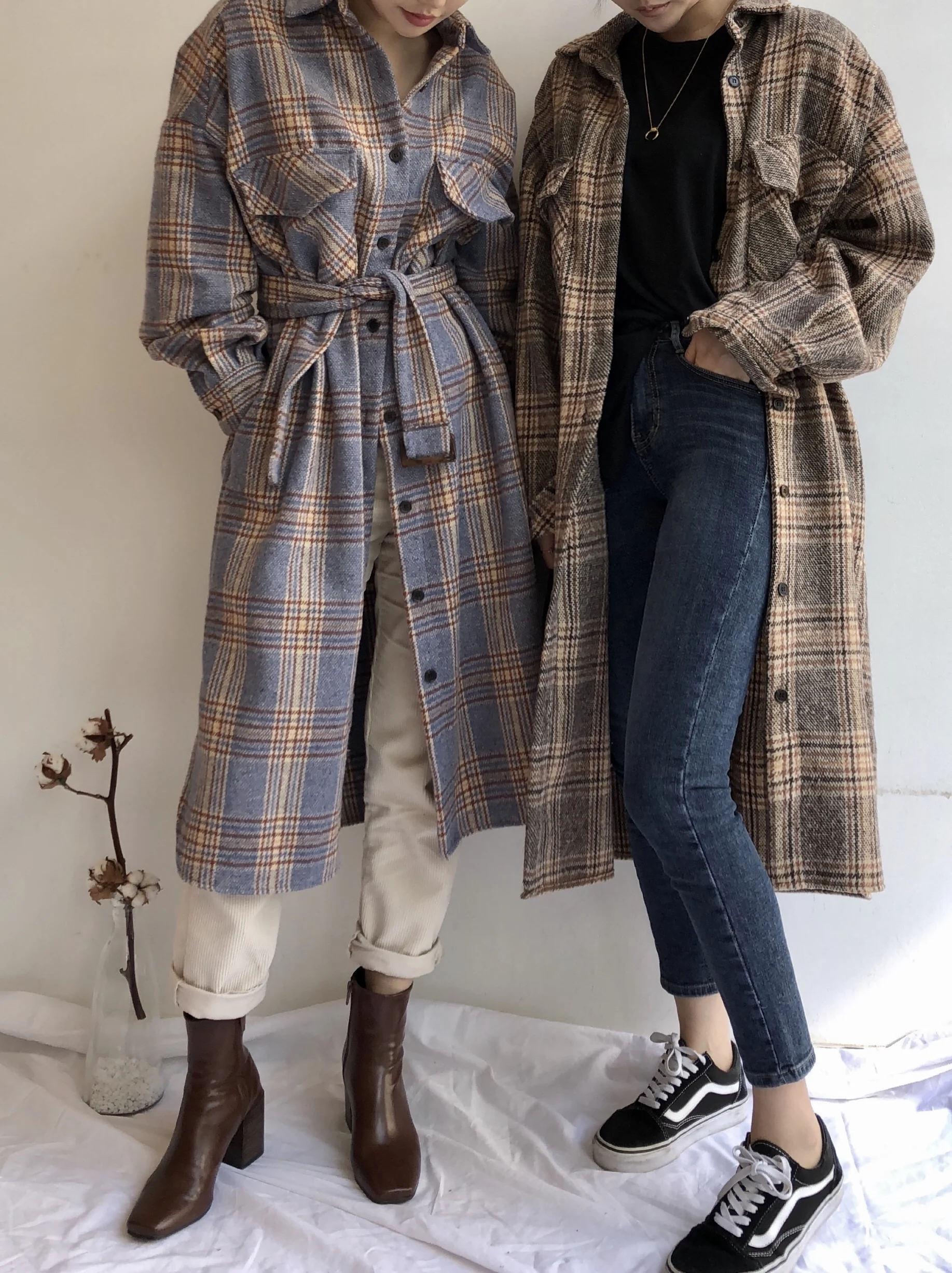 Женское осенне-зимнее длинное шерстяное длинное клетчатое пальто-рубашка с длинным рукавом размера плюс, элегантное Бандажное пальто, верхняя одежда, винтажная куртка