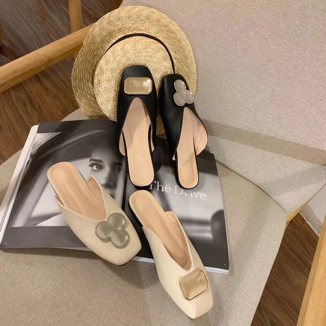 

Women Spring Slippers 2019 Slip On Mules Casual Outdoor Flat Slippers Flip Flops Loafers Square Toe Mules Shoes Half Slippers