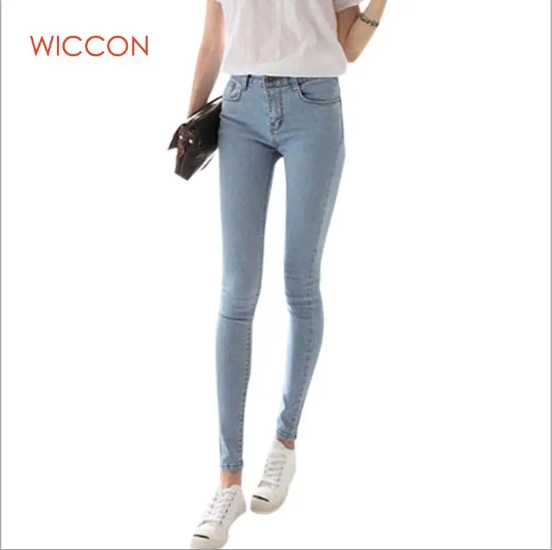 Узкие женские джинсы с высокой талией, женские повседневные джинсовые брюки, женские узкие брюки-карандаш, длинные женские джинсы WICCON - Цвет: Light blue
