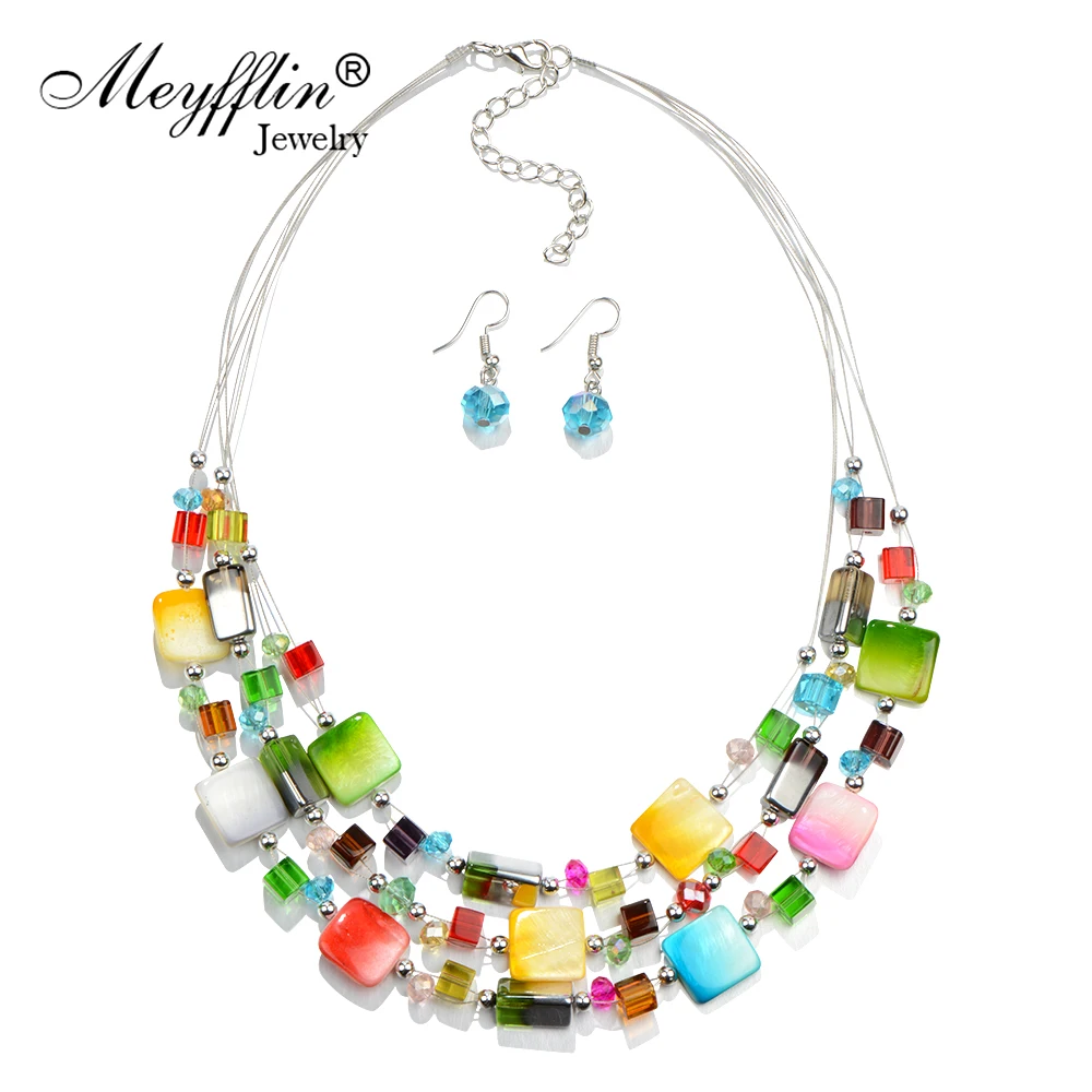

2019 Fashion Jewelry Sets Bohemian Crystal Beads Multi layer Statement Necklace Earrings Set Wedding Parure Bijoux Femme Costume