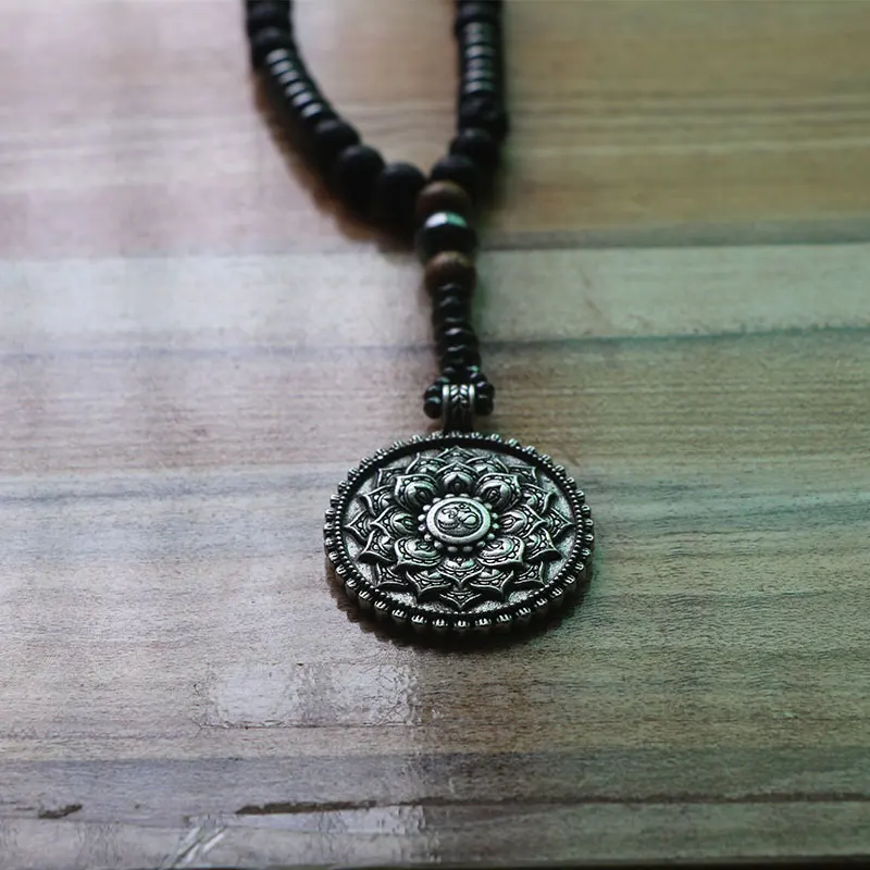 

Vintage Mandala Amulet Pendant Necklace Volcanic Stone beads Necklace for women