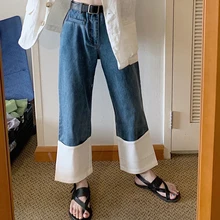 Лоскутные контрастные блоки синие белые джинсовые однотонные тонкие свободные прямые винтажные брюки женские уличные модные корейские джинсы повседневные