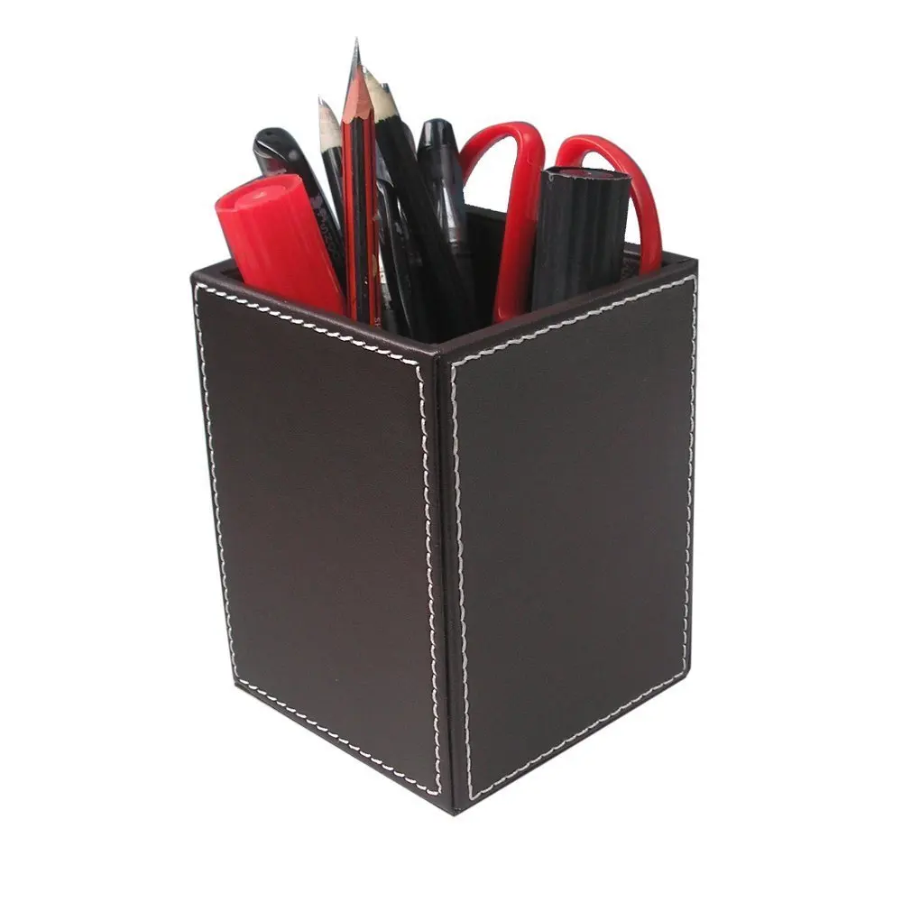  1 pcs PU Leather Square Pens Pencils Holder Desk Organizer Office Desk Accessories Container Box