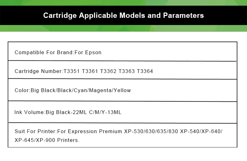 Cartucho de Tinta Compatível para Epson Expression Premium Xp-530 Xp-630 Xp-635 Xp-640 Xp-830 Xp-900 Impressora 5 Cor T33 33xl T3351 3 Computador e Escritório