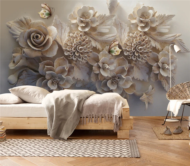 Customize Any Size 3D HD Interior Decoration Beautiful 3D Flower 3D Flower Butterfly TV Silk Background Wall Painting Wallpaper