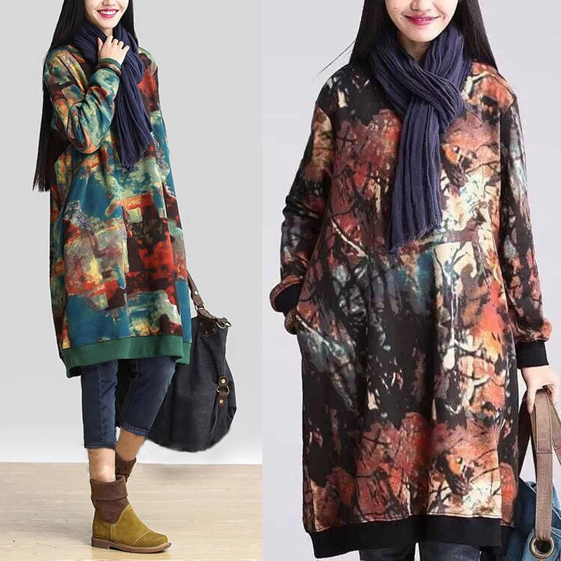 2018 Autumn Women Smooth Vintage Sweatshirt Floral Long Sleeve Dresses Retro Oversize Hoodie Pullover Top Long Hoodies Dress Hoodies