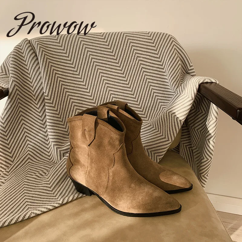 

Prowow New Suede Leather Pointed Toe Cowboy Ankle Boots Slip On Thick Heel Boots Shoes Women