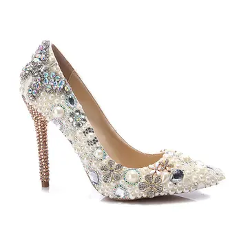 

LSDN-20161101 European and American Color Diamond Pearl Pumps Super High Heel Butterfly Diamond Pattern Pointed Single Shoes