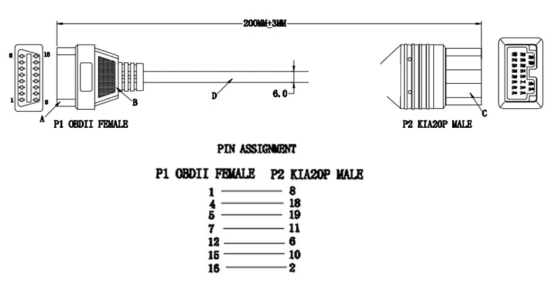 OBDII Для KIA 20Pin штекер до 16 Pin Женский Черный Автомобильный диагностический коннектор кабель для KIA 20Pin до OBD2 16PIN